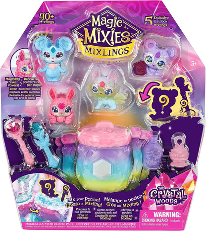 Magic Mixies O pacote Mixlings Magical Rainbow Deluxe contém 5 mixlings exclusivos com um poder mágico de arco-íris exclusivo, incluindo 1 mixling misterioso para revelar de seu caldeirão,