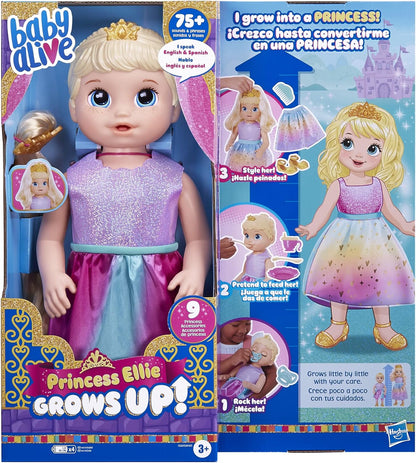 Baby Alive Princesa Ellie cresce! Boneca interativa com acessórios, bonecas falantes, brinquedos para meninas e meninos de 3 anos e mais, cabelo loiro, 18 polegadas