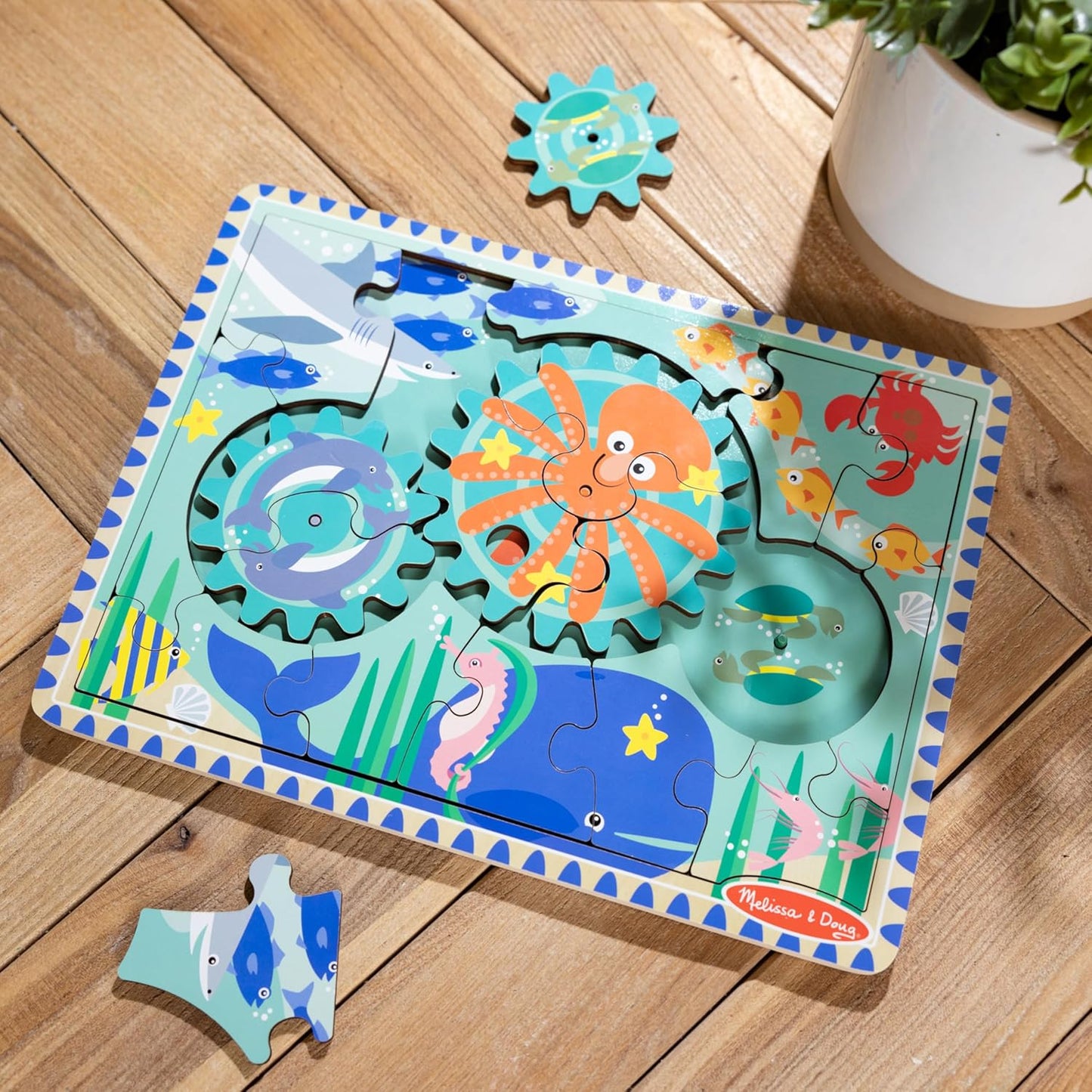 Melissa & Doug Wooden Underwater Jigsaw Spinning Gear Puzzle - 18 peças, quebra-cabeças para crianças de 3 anos, quebra-cabeça de madeira, brinquedos Montessori, quebra-cabeças infantis