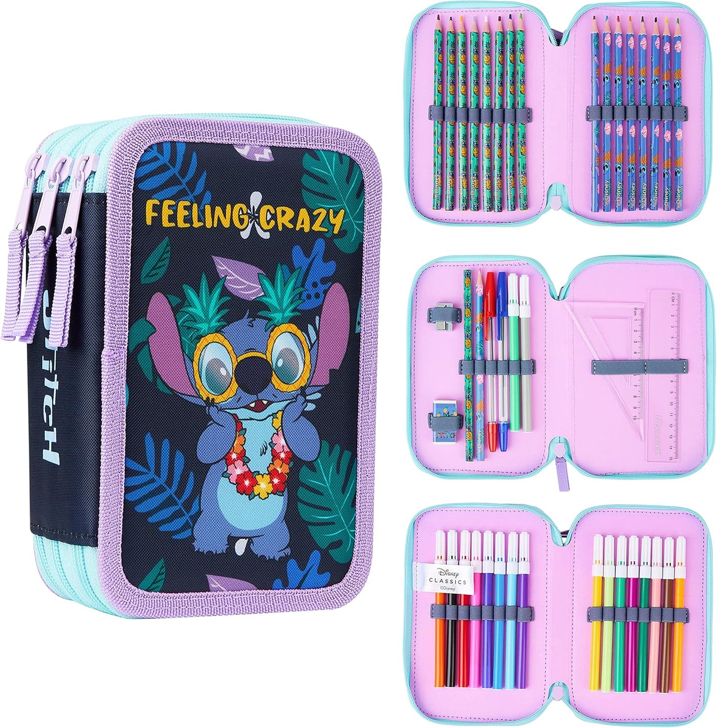 Estuche para lápices relleno de Disney con artículos de papelería para niños, útiles escolares, lápices de colores, marcadores, regalos para niñas (multipunto, triple cremallera)