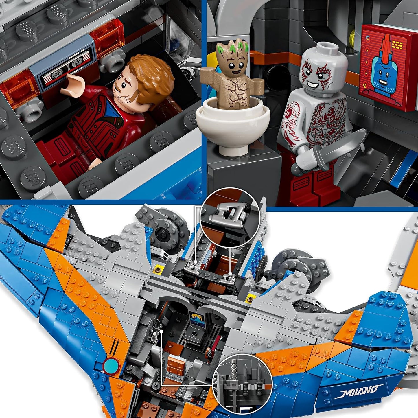 LEGO Marvel Guardiões da Galáxia: o brinquedo da nave espacial edificável Milano, conjunto com 4 minifiguras de super-heróis, incluindo foguete, além de uma figura do bebê Groot, presente dos Vingadores para meninos, meninas e adolescentes