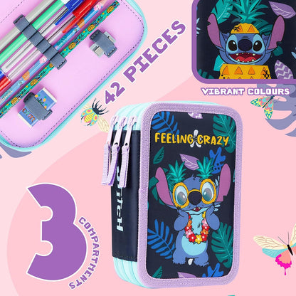 Estuche para lápices relleno de Disney con artículos de papelería para niños, útiles escolares, lápices de colores, marcadores, regalos para niñas (multipunto, triple cremallera)