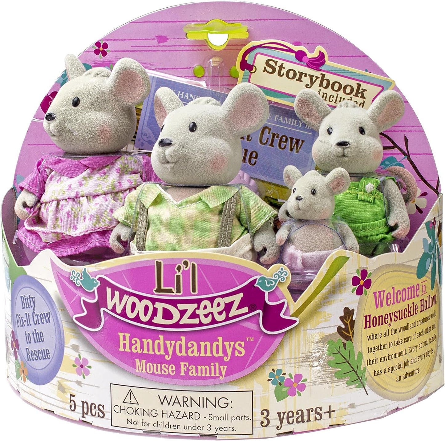 Li’l Woodzeez – Família Handydandy Mouse – Conjunto de brinquedos de 5 peças com estatuetas de animais em miniatura e livro de histórias – Brinquedos e acessórios de animais para crianças a partir de 3 anos