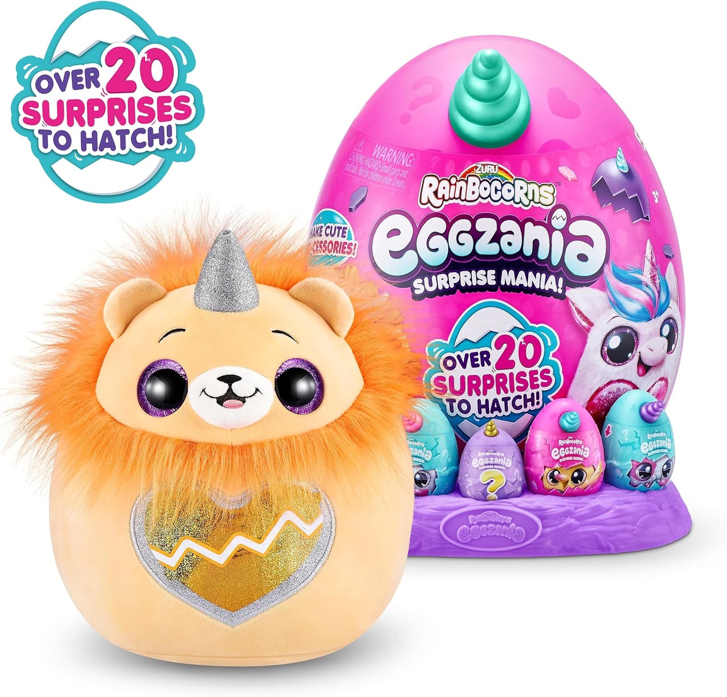 Rainbocorns Eggzania Surprise Mania Roary the Lion - Pelúcia colecionável - Mais de 20 surpresas dentro, 28 cm, Cuddle Plush Stuffed Animal, anéis, pulseiras, adesivos, acessórios vestíveis