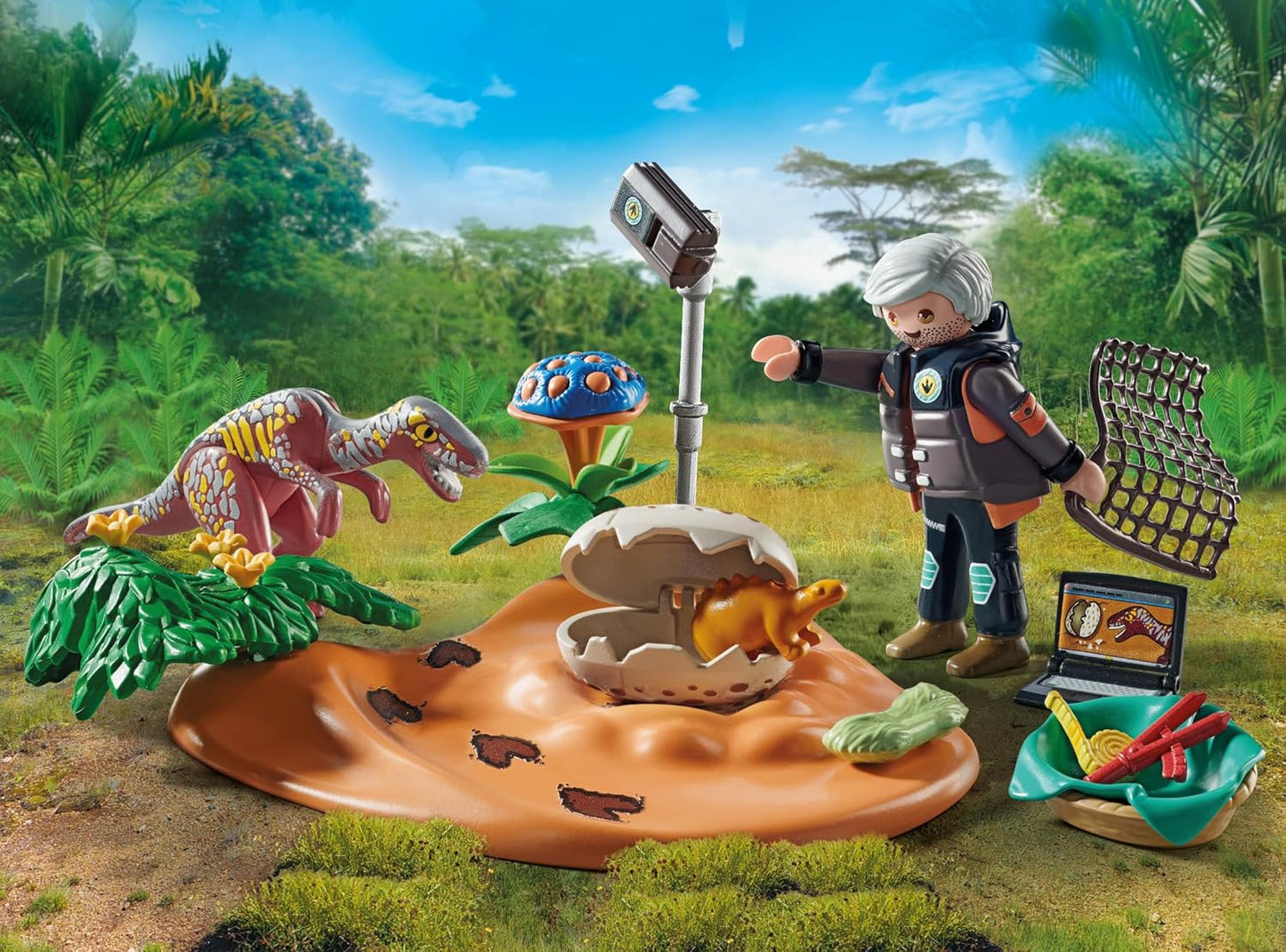 Playmobil 71526 Dinos: Ninho de Estegossauro com Ladrão de Ovos, protegendo os ovos de dinossauro do Velociraptor, incluindo rede, fita métrica e câmera, conjuntos de jogos sustentáveis adequados para crianças a partir de 4 anos