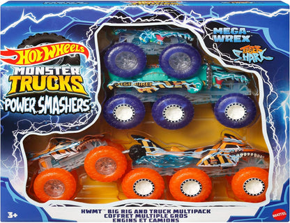 Hot Wheels Monster Trucks Toy Truck & Big Rig Multipack, escala 1:64 Mega-Wrex & Tiger Shark com Big Rigs em Power Smashers Deco correspondente, HYJ29