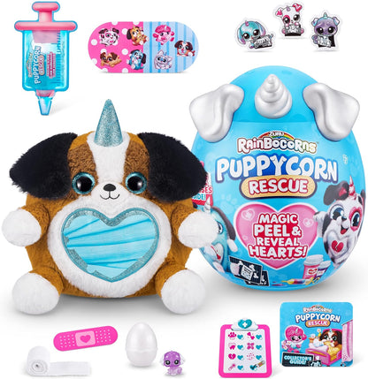 Rainbocorns Puppycorn Rescue Surprise, Beau the Shepherd - Pelúcia colecionável - Mais de 12 surpresas, descascar e revelar coração, adesivos, lodo de seringa, maiores de 3 anos