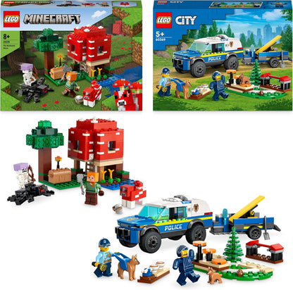 LEGO Animal Bundle: City Mobile Police Dog Training (60369) e Minecraft The Mushroom House (21179), com figuras de cachorro, cachorrinho e aranha, carro e casa de polícia de brinquedo, presente de Páscoa para crianças