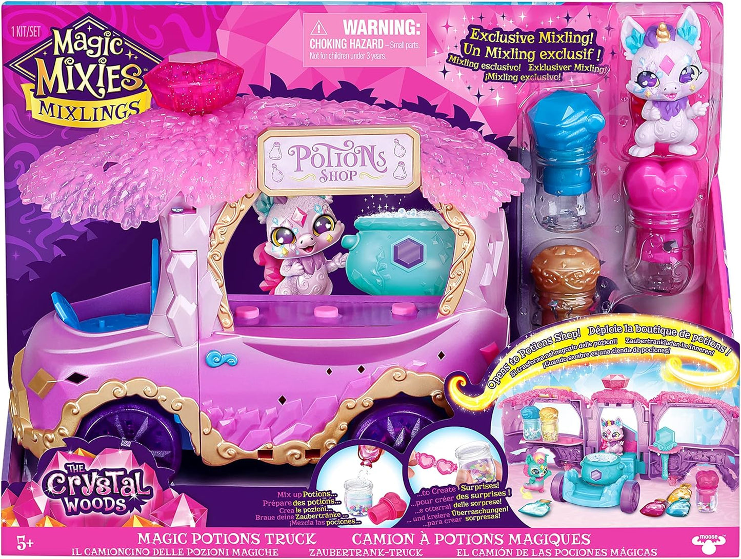 Magic Mixies Magic Potions Truck Playset, se transforma em uma loja de poções, cria 3 feitiços e poções surpresas para seus mixlings, inclui 1 mixling exclusivo,