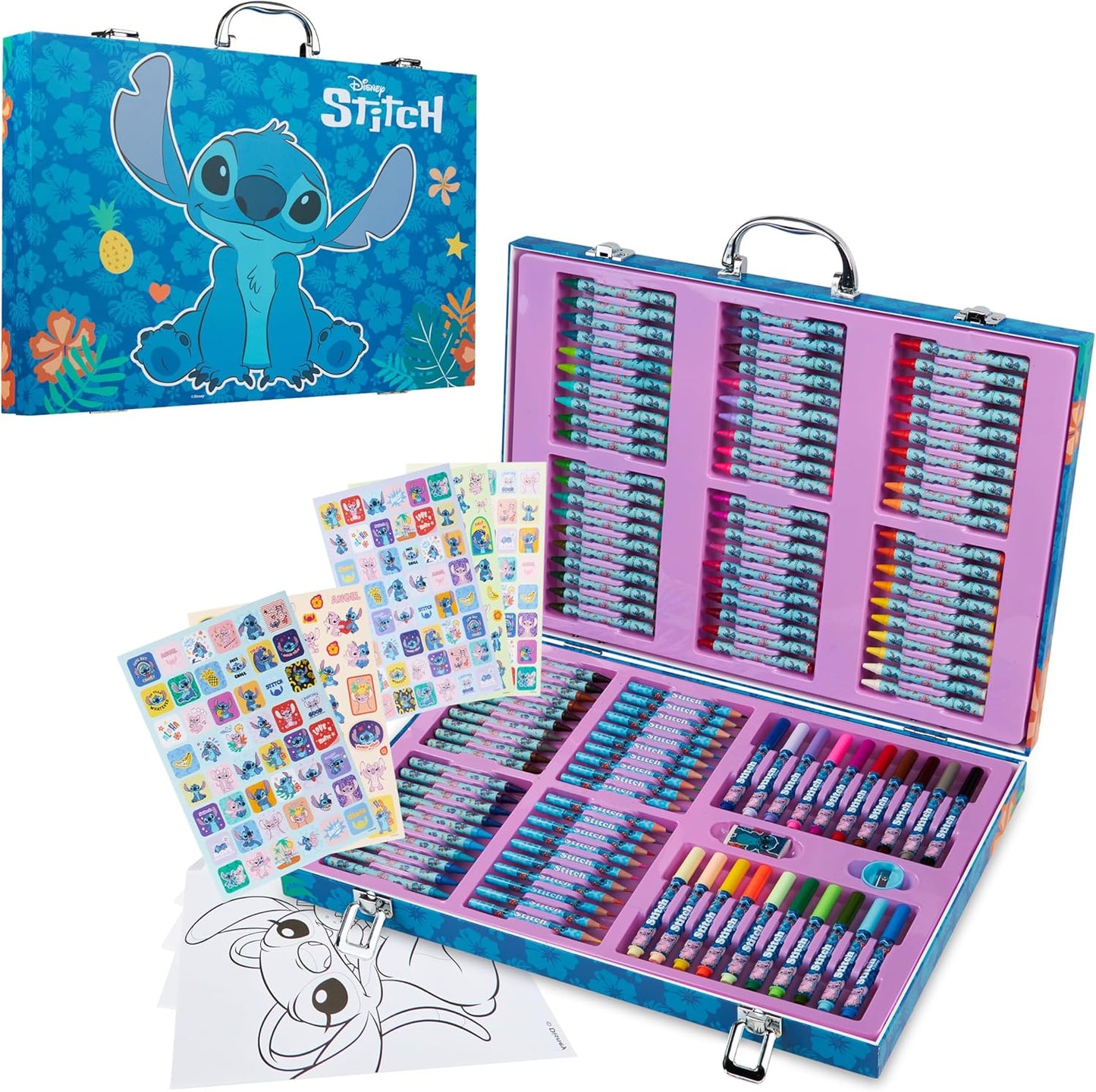 Disney Stitch Art Set para niños, más de 130 piezas, lápices de colores congelados, suministros de arte de princesa, regalos de puntadas (juego de puntadas múltiples)