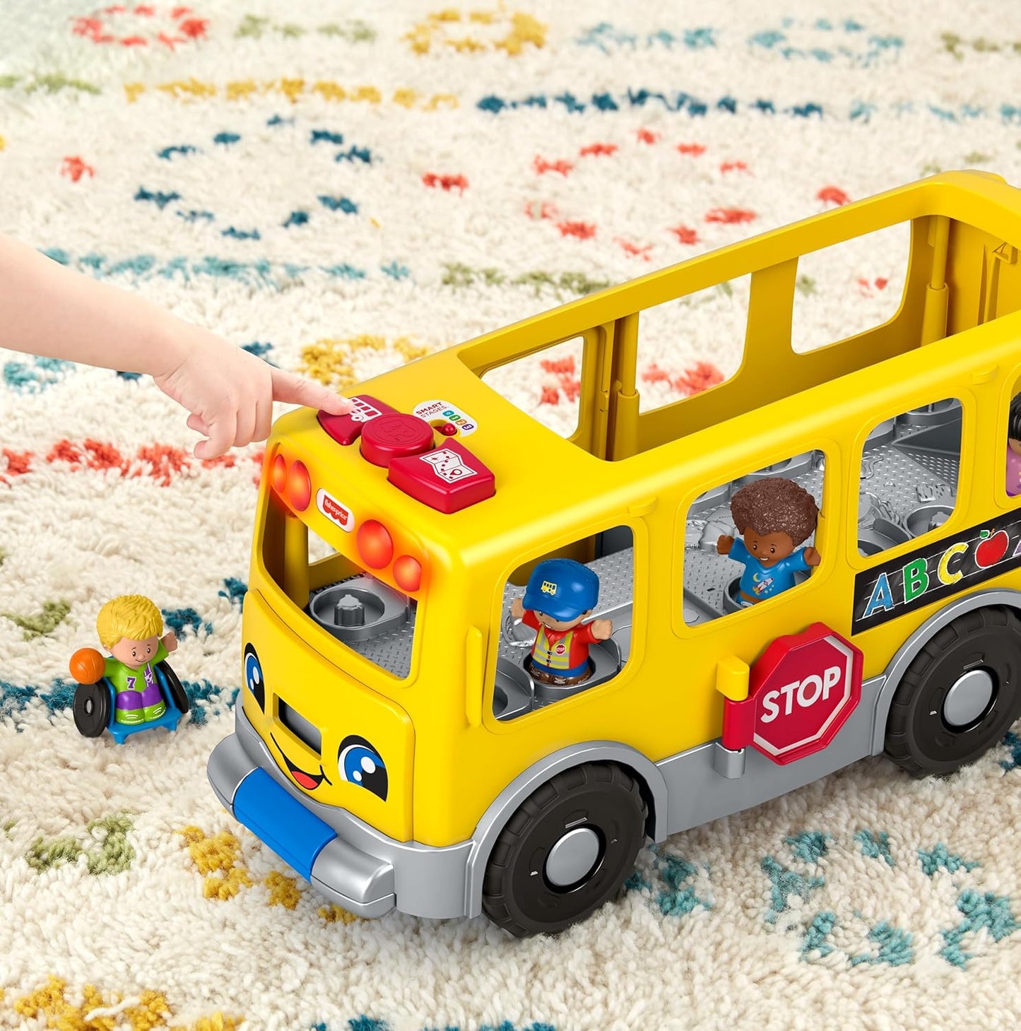 Fisher-Price Little People Brinquedo de aprendizagem para crianças, grande ônibus escolar amarelo com luzes, sons e palcos inteligentes, 4 figuras, maiores de 1 ano, GLT75