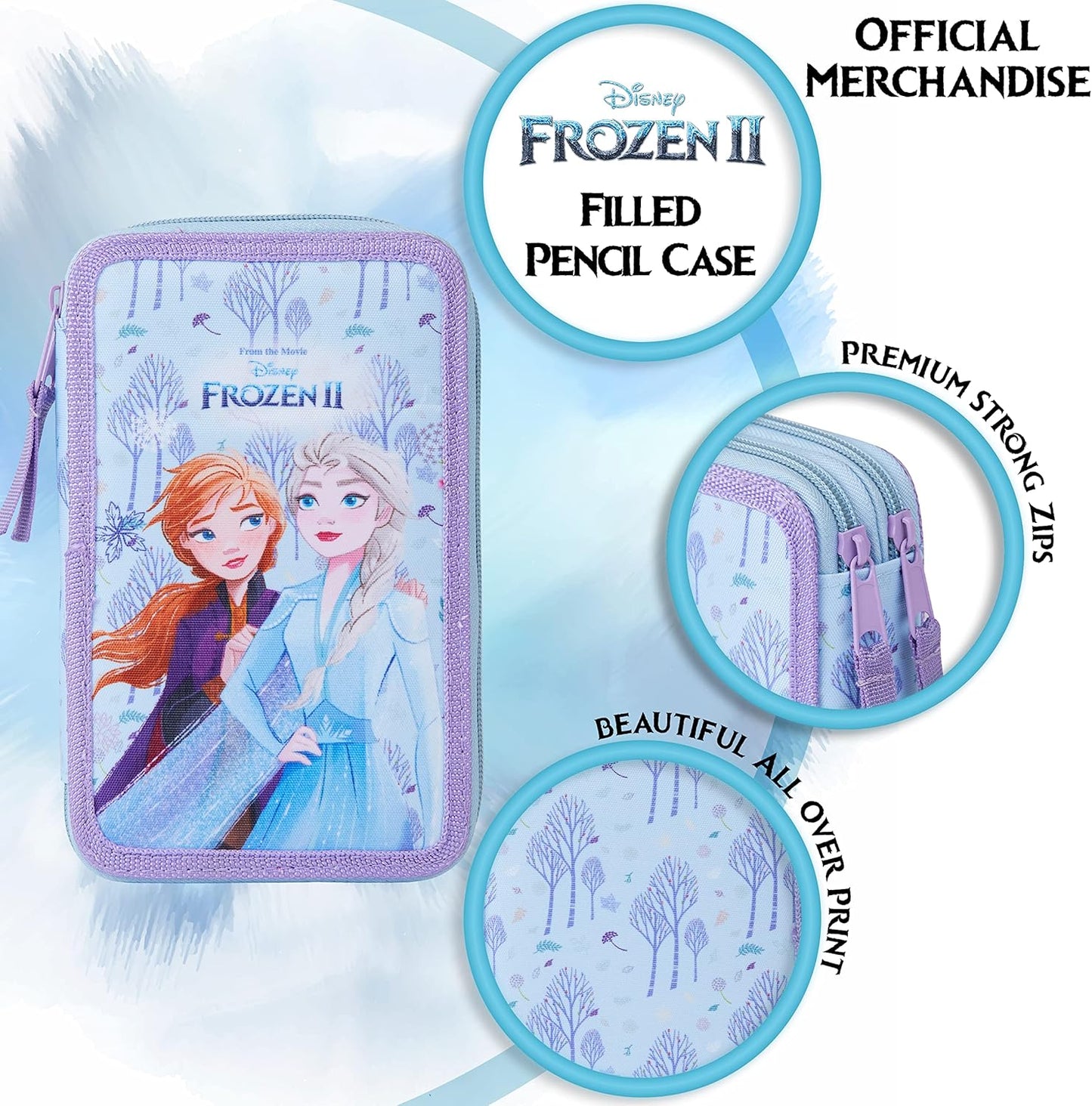 Disney Estojo de Lápis Cheio com Papelaria para Crianças, Material Escolar Lápis de Cor, Marcadores - Presentes para Meninas (Blue Frozen Double Zip)