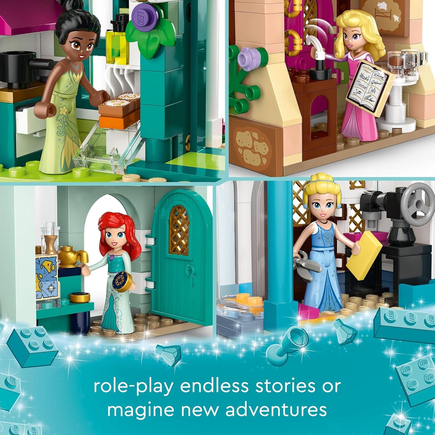 LEGO ǀ Disney Princess: Disney Princess Market Adventure, brinquedo montável para crianças, meninas e meninos com minibonecas Tiana, Aurora, Ariel e Cinderela e 4 casas, ideia imaginativa para presente 43246