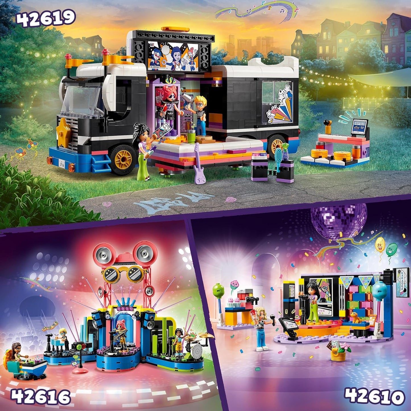 LEGO Conjunto de festa musical de karaokê Friends, brinquedo musical para meninas, meninos e crianças de 6 anos ou mais que amam cantar, finja brincar com personagens de miniboneca Nova e Liann, além de microfones, ideia de presente 42610