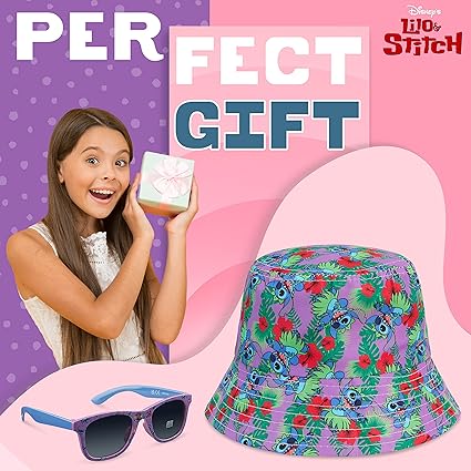 Disney Stitch Gafas de sol y sombrero de cubo Conjunto de accesorios de verano para niñas Ligero Transpirable Talla única Sombrero para el sol 100% Protección UV Gafas de sol para niños Punto de viaje Regalos de vacaciones para niñas