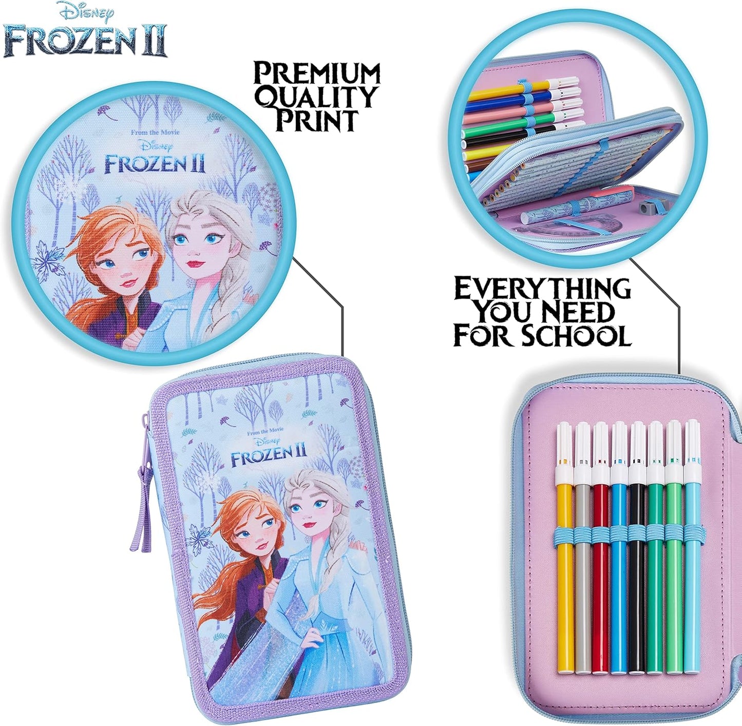 Disney Estojo de Lápis Cheio com Papelaria para Crianças, Material Escolar Lápis de Cor, Marcadores - Presentes para Meninas (Blue Frozen Double Zip)