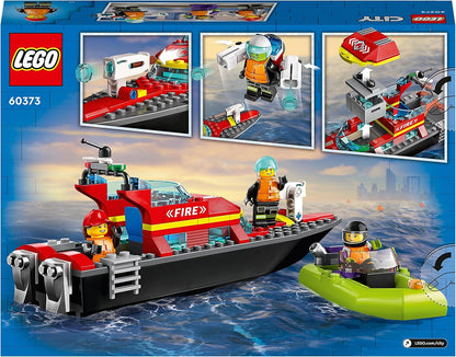 LEGO 60373 City Fire Rescue Boat Toy, flutua na água, com Jetpack, bote e 3 minifiguras, brinquedos de heróis do dia a dia para meninos e meninas com mais de 5 anos