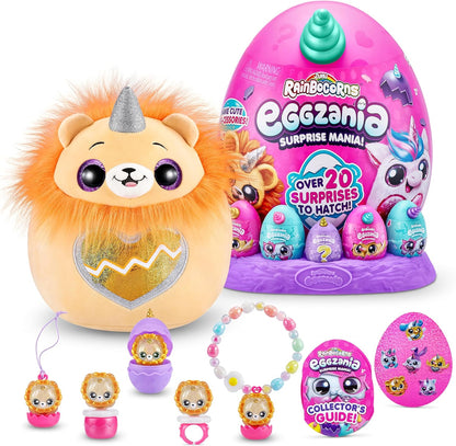 Rainbocorns Eggzania Surprise Mania Roary the Lion - Pelúcia colecionável - Mais de 20 surpresas dentro, 28 cm, Cuddle Plush Stuffed Animal, anéis, pulseiras, adesivos, acessórios vestíveis