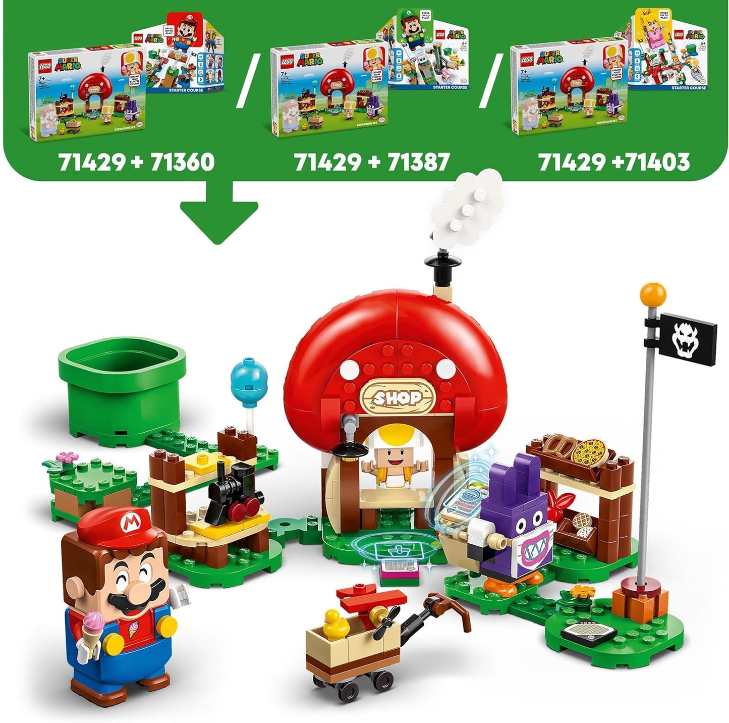 LEGO Conjunto de expansão Super Mario Nabbit at Toad’s Shop, brinquedo colecionável para meninos, meninas e crianças com mais de 6 anos, jogo criativo com 2 figuras de personagens, incl. Sapo amarelo, pequeno presente para jogadores 71429