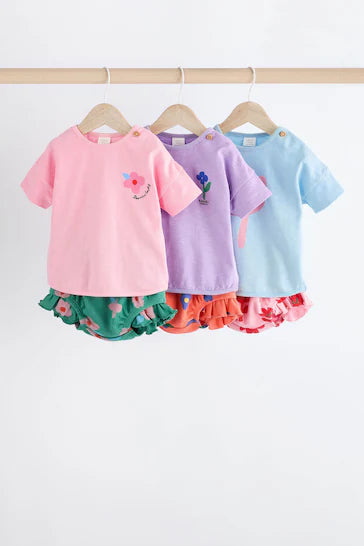 |BabyGirl| Conjunto De Camisetas e Shorts Para Bebê Com 3 Unidades - Personagem Multibrilhante