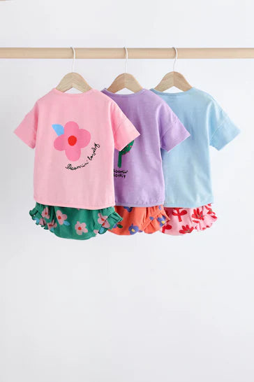 |BabyGirl| Conjunto De Camisetas e Shorts Para Bebê Com 3 Unidades - Personagem Multibrilhante