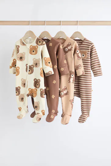 |BabyBoy| Conjunto De 4 Pijamas Para Bebê 100% Algodão Com Zíper - Urso Marrom-Amarelado (0 meses a 2 anos)