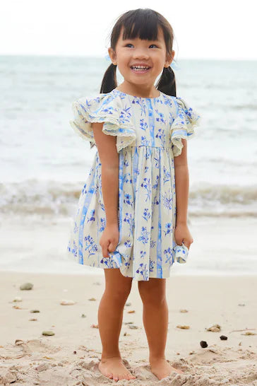 |Girl| Vestido Floral Azul Manga Anjo (3 meses a 8 anos)