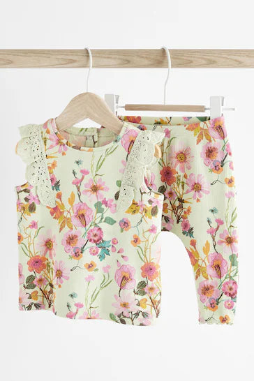 |Niña| Conjunto Bebé Camiseta Manga Corta y Leggings Floral Verde Salvia