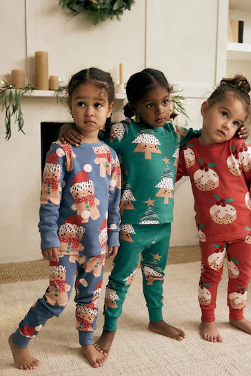 |Niña| Pack de 3 Pijamas de Navidad 100% Algodón Rojo/Azul/Verde (9 meses a 12 años)