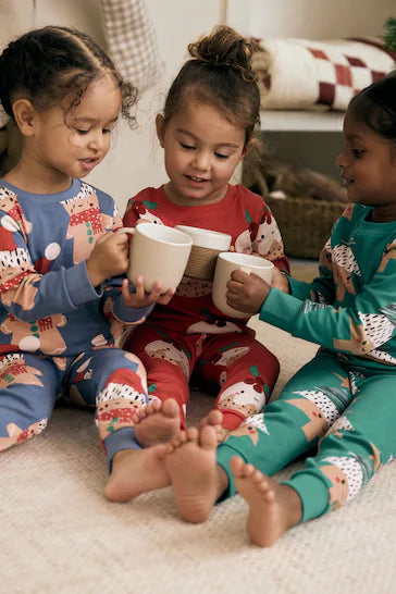 |Girl| Pacote De 3 Pijamas 100% Algodão De Natal Vermelho/Azul/Verde (9 meses a 12 anos)