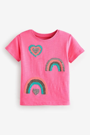 |Girl| Model Camiseta de lantejoulas de manga curta rosa arco-íris (9 meses a 7 anos)
