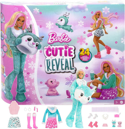 Barbie Cutie revela calendário do advento com boneca e 24 surpresas de desembalagem, calendário do advento de feriados com mudança de cor, HJX76, multicolorido, médio