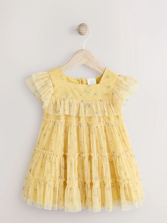 |BabyGirl| Vestido De Malha Floral Amarelo Para Bebê (0 meses a 2 anos)