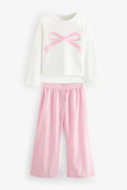 |BigGirl| Conjunto De Pijama De Manga Comprida Com Detalhe De Laço Rosa (9 meses a 16 anos)