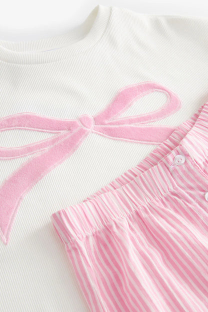 |BigGirl| Conjunto De Pijama De Manga Comprida Com Detalhe De Laço Rosa (9 meses a 16 anos)