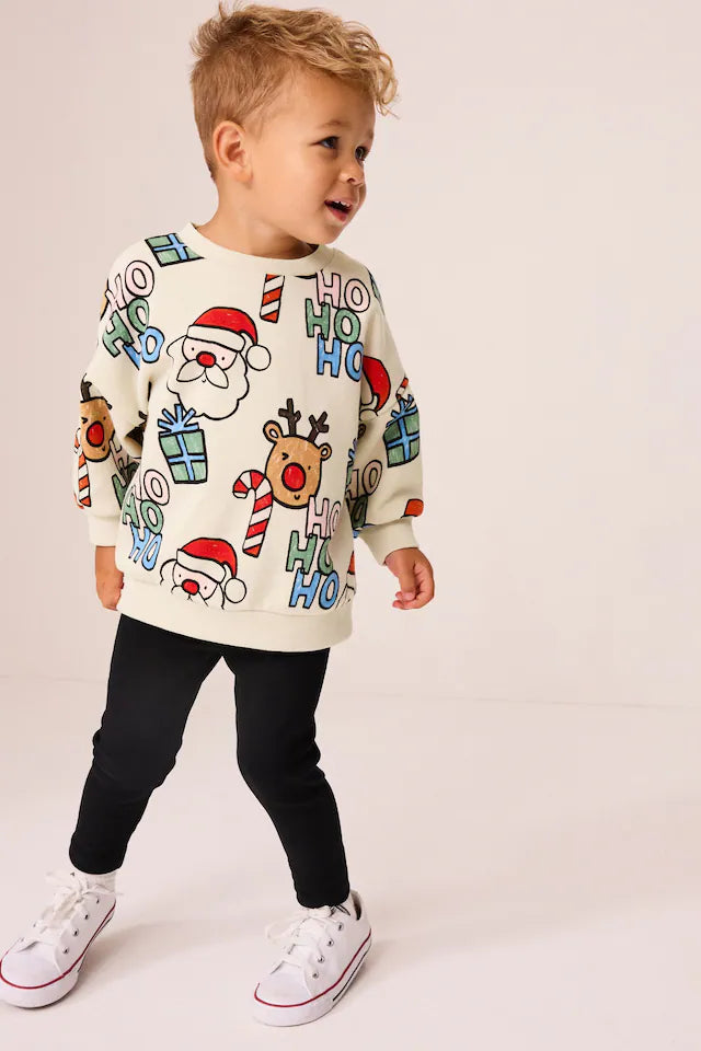 |Boy|Conjunto De Moletom e Leggings De Natal Com Estampa Creme Ecru (3 meses a 7 anos)