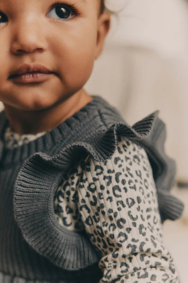 |BabyGirl| Colete e Leggings De Malha Com Estampa De Leopardo Cinza Para Bebê 100% Algodão manga comprida