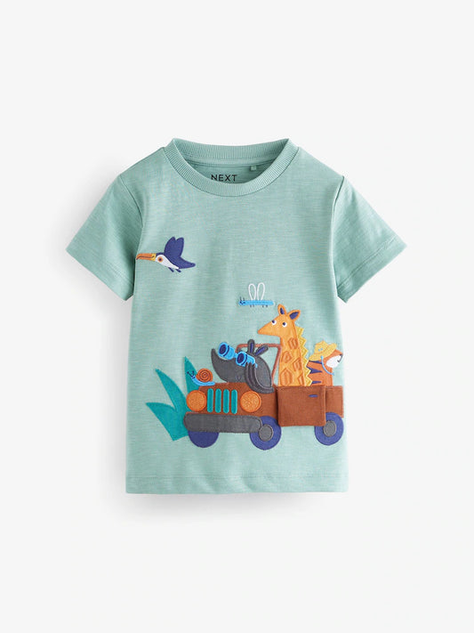 |Boy| Camiseta De Manga Curta Com Apliques 100% Algodão Azul-Petróleo (3 meses a 7 anos)