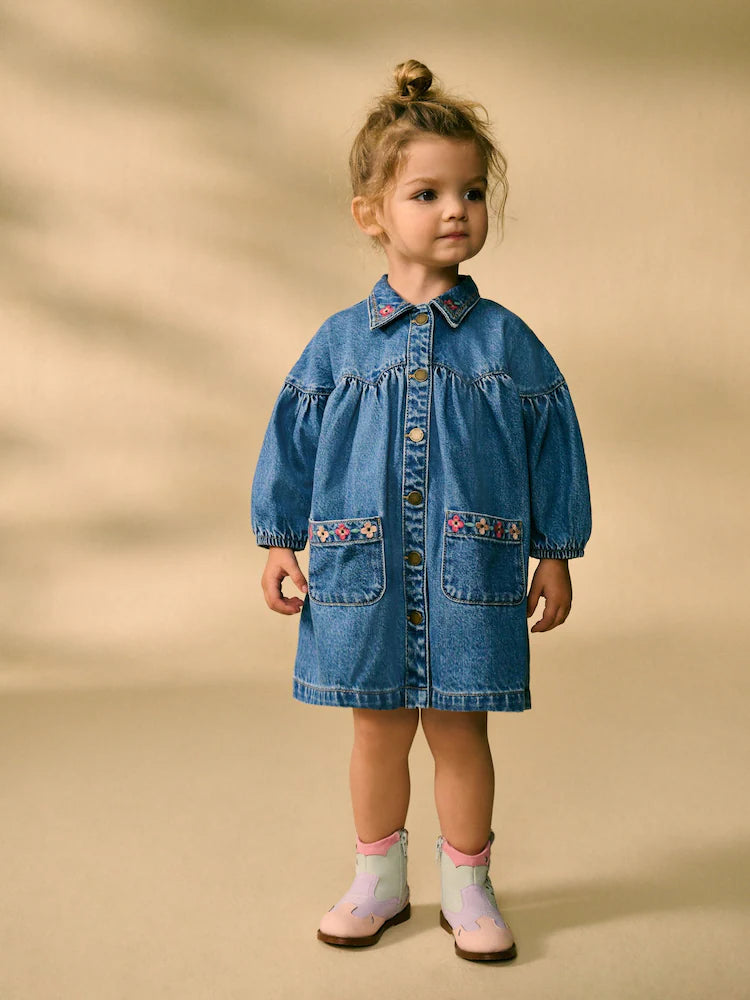 |Girl| Vestido De Camisa Jeans Azul Bordado 100% Algodão (3 meses a 8 anos)