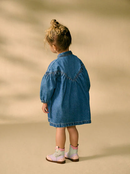 |Girl| Vestido De Camisa Jeans Azul Bordado 100% Algodão (3 meses a 8 anos)