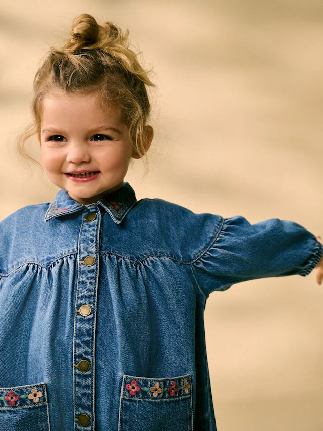 |Girl| Vestido De Camisa Jeans Azul Bordado 100% Algodão (3 meses a 8 anos)