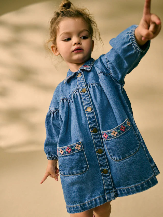 |Girl| Vestido De Camisa Jeans Azul Bordado 100% Algodão (3 meses a 8 anos)