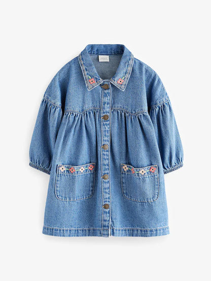 |Girl| Vestido De Camisa Jeans Azul Bordado 100% Algodão (3 meses a 8 anos)