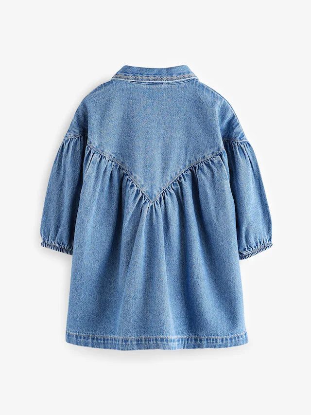 |Girl| Vestido De Camisa Jeans Azul Bordado 100% Algodão (3 meses a 8 anos)