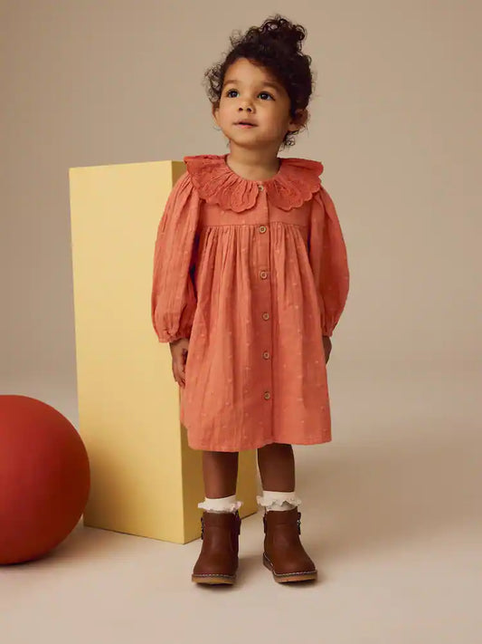 |Girl| Rust Brown Bordado Gola Manga Longa 100% Algodão Vestido (3 meses-8 anos)