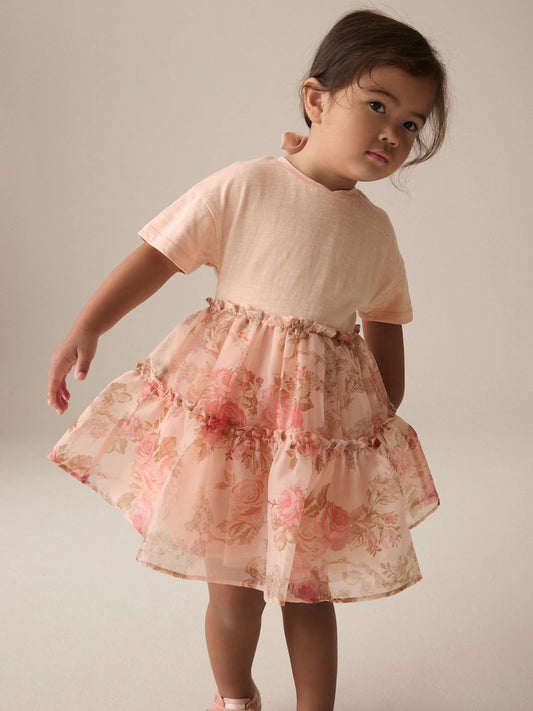 |Girl| Vestido De Mlha Com Manga Curta Floral Rosa (3 meses a 7 anos)