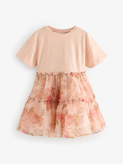 |Girl| Vestido De Mlha Com Manga Curta Floral Rosa (3 meses a 7 anos)