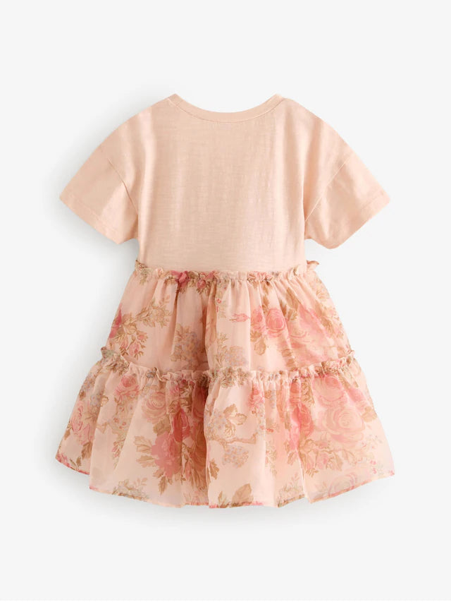 |Girl| Vestido De Mlha Com Manga Curta Floral Rosa (3 meses a 7 anos)