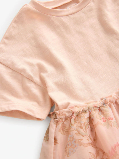 |Girl| Vestido De Mlha Com Manga Curta Floral Rosa (3 meses a 7 anos)