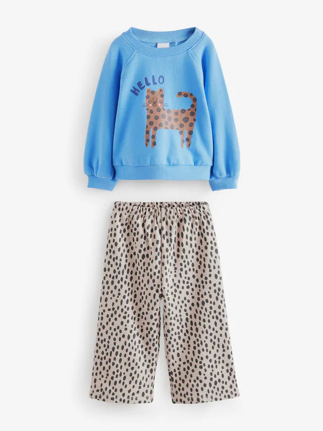 |Girl| Conjunto De Moletom Azul e Calça Jogger Estampada 100% Algodão Perna Larga (3 meses a 7 anos)